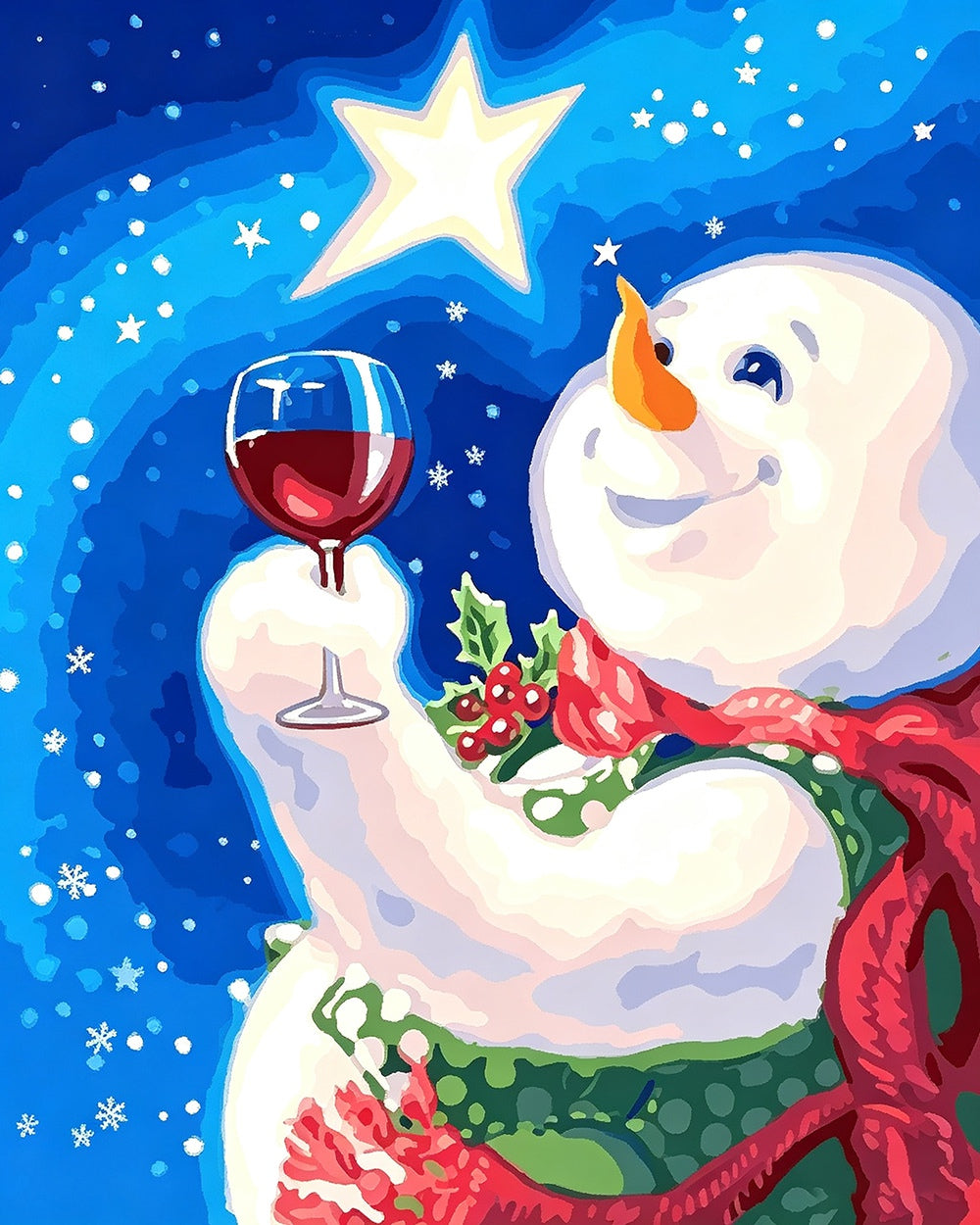 Snowman toasting with a glass of red wine cross stitch kit for beginners