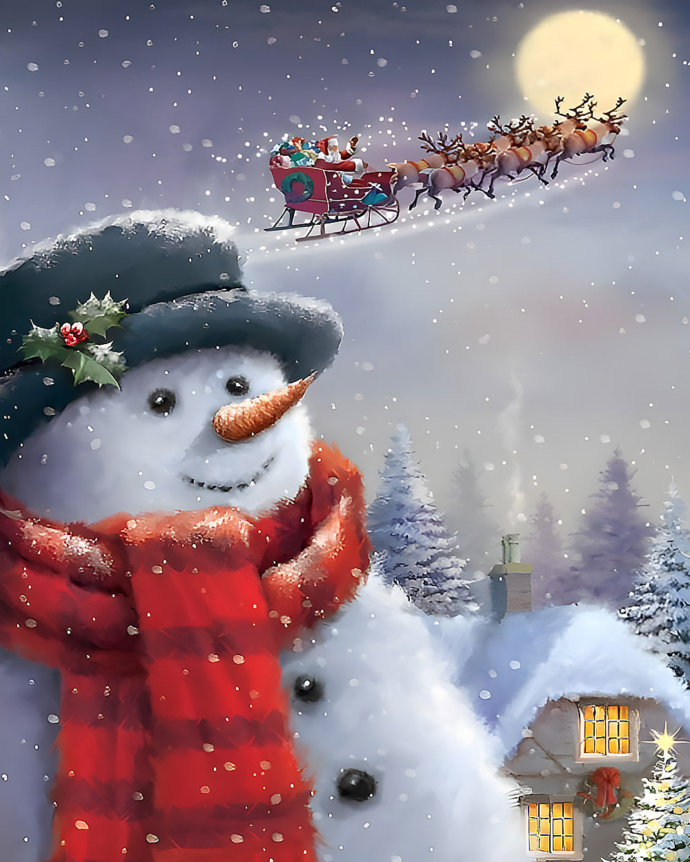 Snowman watching santa's sleigh cross stitch kit for beginners