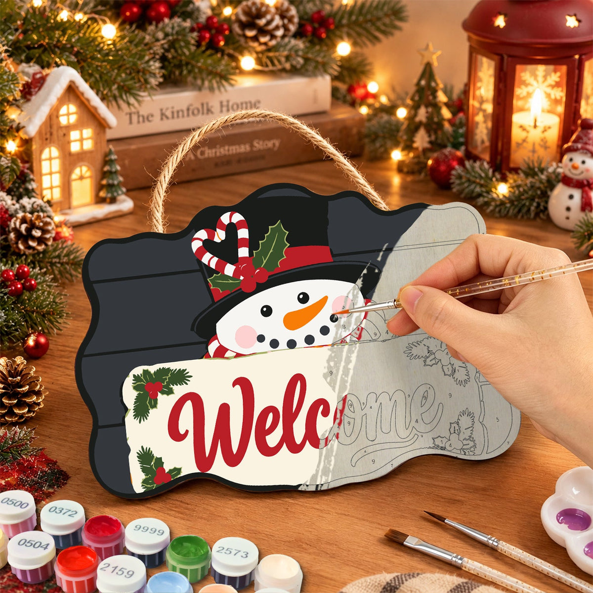 Snowman welcome paint by numbers door hanger painting process