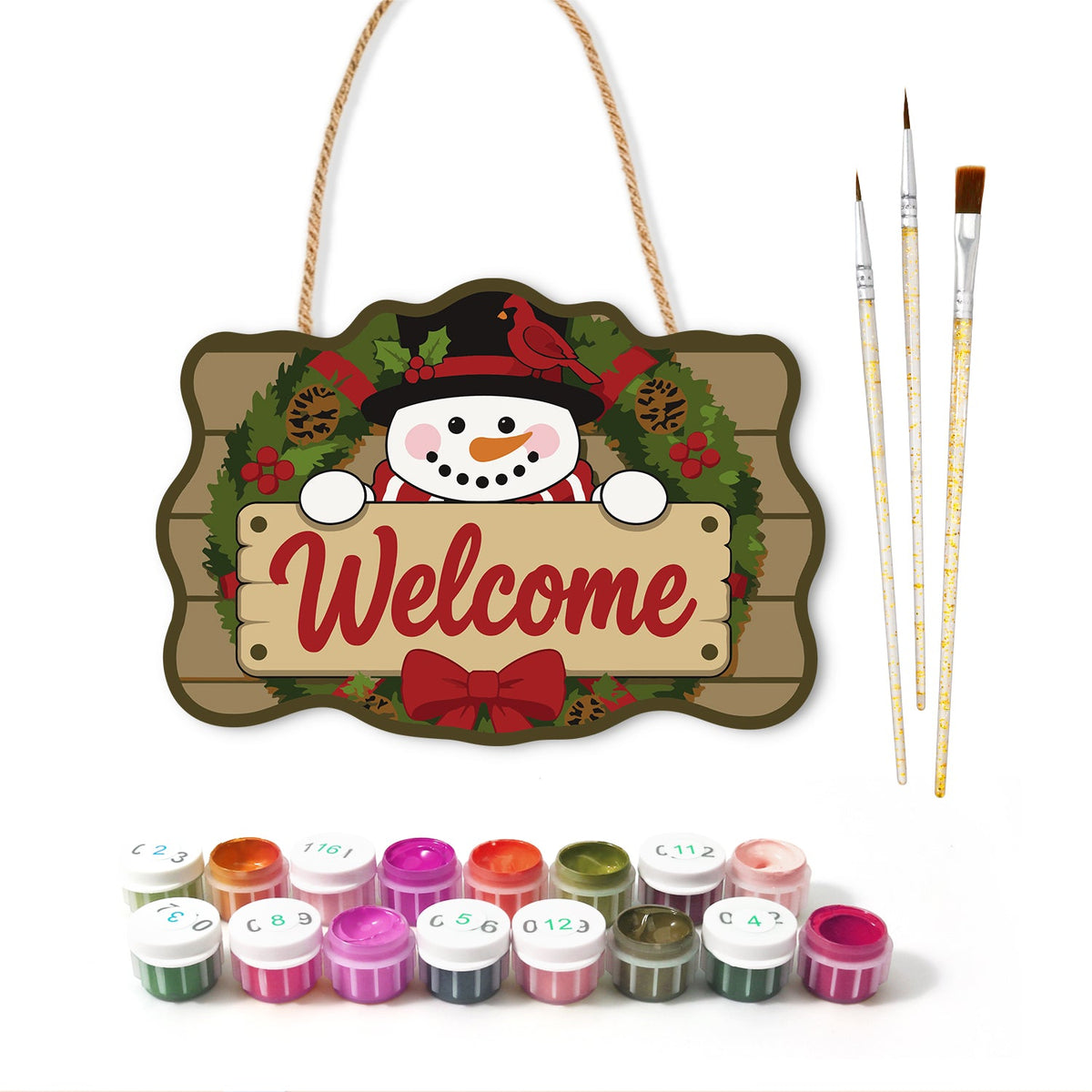 Snowman welcome wreath paint by numbers door hanger with paints and brushes