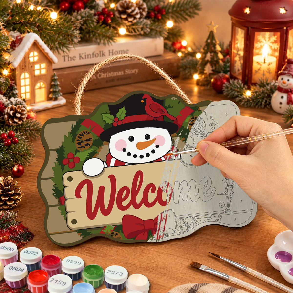 Snowman welcome wreath paint by numbers door hanger painting process