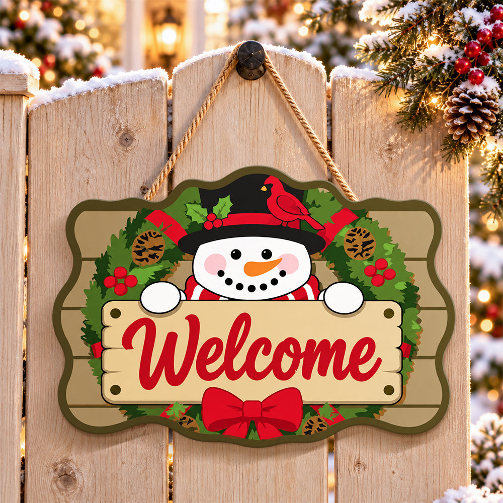 Snowman welcome wreath paint by numbers door hanger on a garden gate