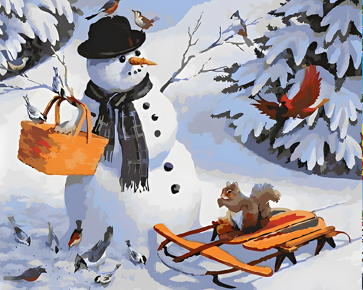 Snowman with basket and garden birds cross stitch kit for beginners