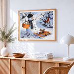 Snowman with basket and garden birds cross stitch artwork displayed on wall as home decor