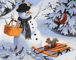 Snowman with basket and garden birds paint by numbers kit for beginners