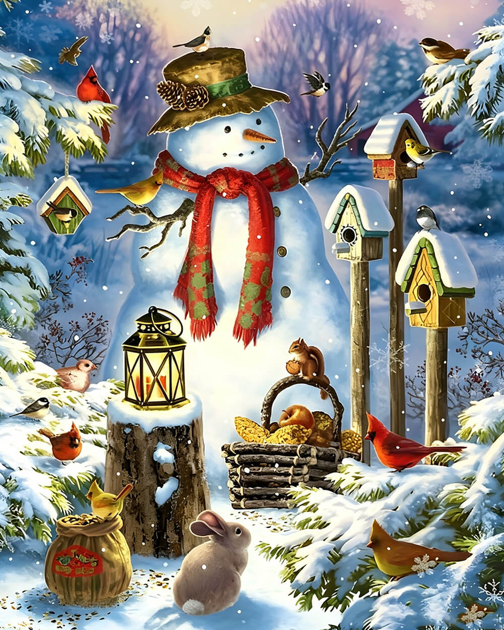 Snowman with birdhouses and woodland creatures cross stitch kit for beginners