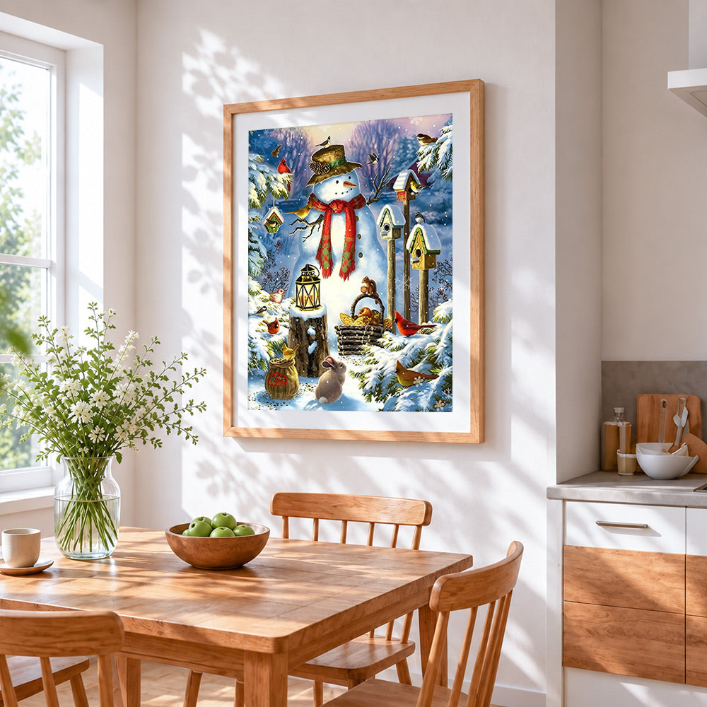 Snowman with birdhouses and woodland creatures cross stitch artwork displayed on wall as home decor