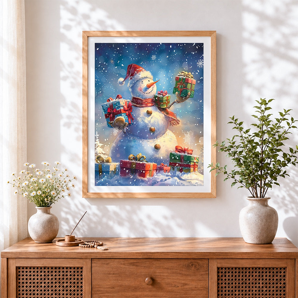 Finished snowman with christmas presents cross stitch artwork displayed