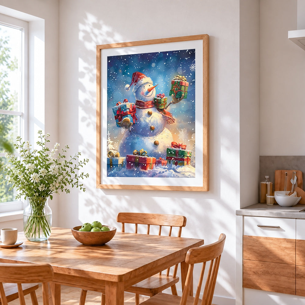 Snowman with christmas presents cross stitch artwork displayed on wall as home decor