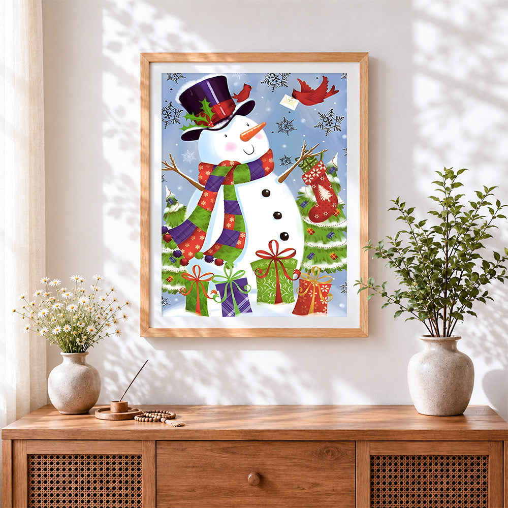 Finished snowman with christmas stockings and presents cross stitch artwork displayed