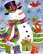 Snowman with christmas stockings and presents cross stitch kit for beginners