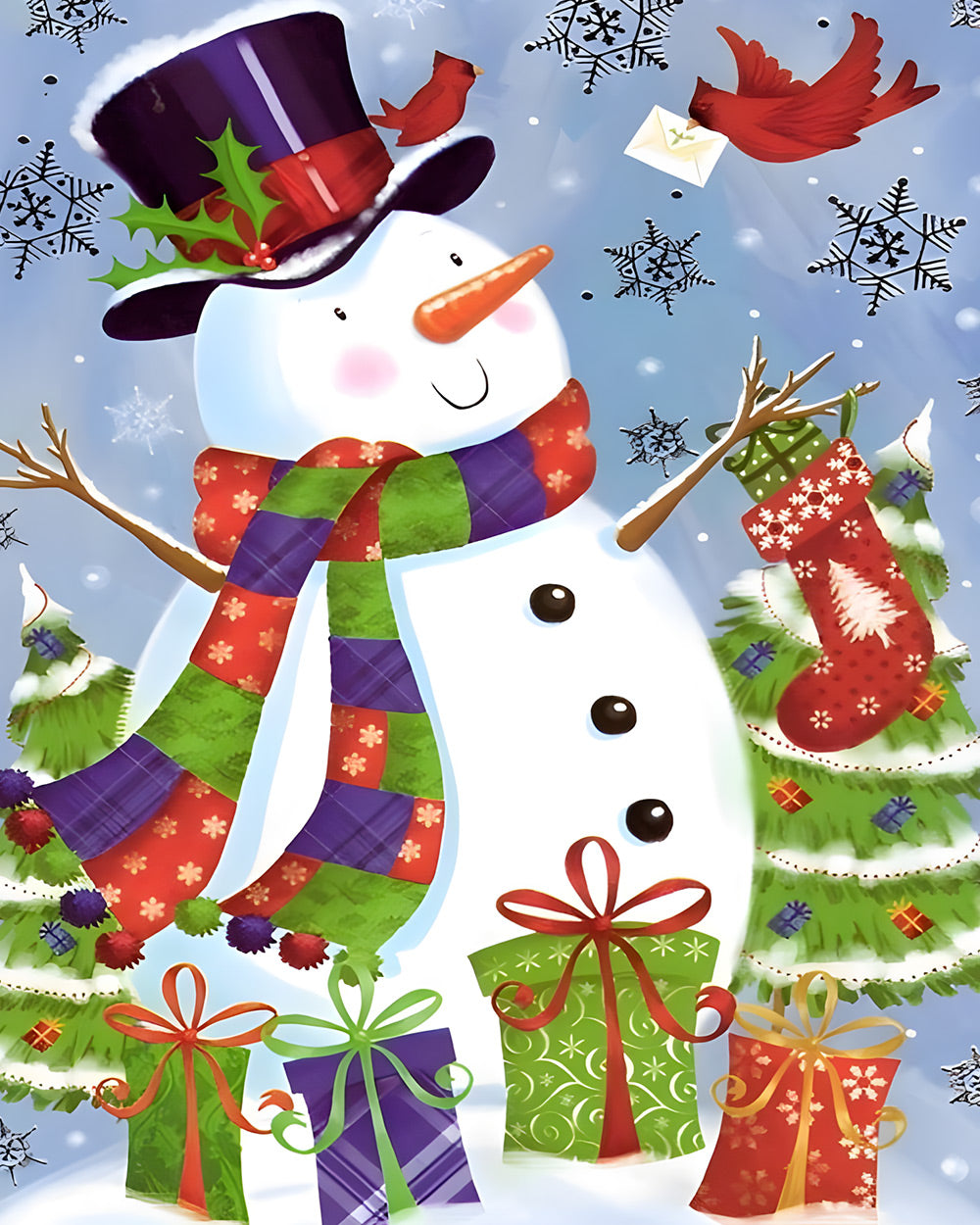 Snowman with christmas stockings and presents cross stitch kit for beginners