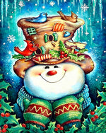Snowman with decorated hat and winter birds cross stitch kit for beginners