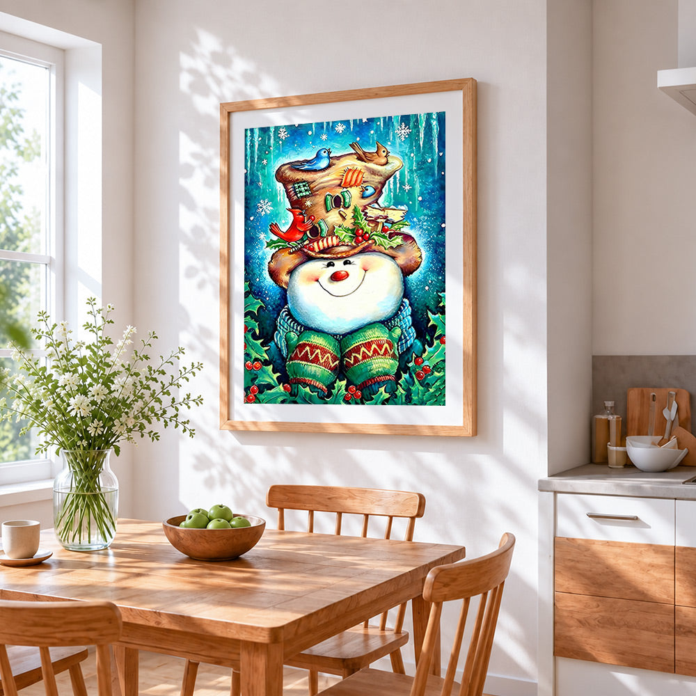 Snowman with decorated hat and winter birds cross stitch artwork displayed on wall as home decor