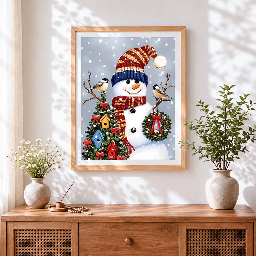 Finished snowman with knitted hat and birdhouse tree cross stitch artwork displayed