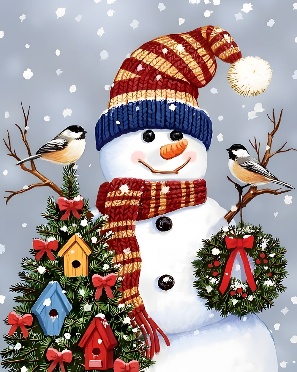 Snowman with knitted hat and birdhouse tree cross stitch kit for beginners