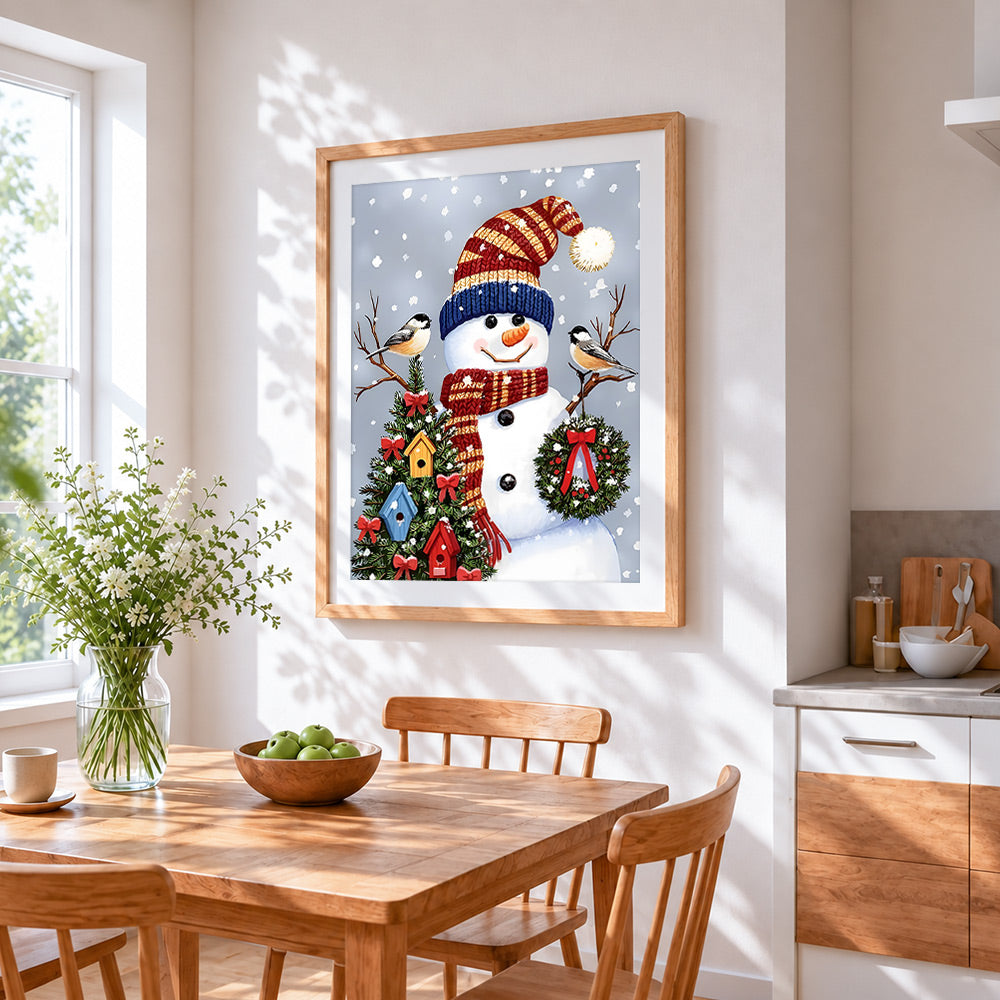 Snowman with knitted hat and birdhouse tree cross stitch artwork displayed on wall as home decor