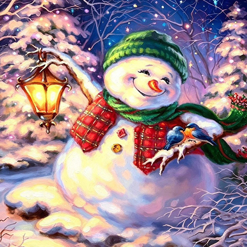 snowman with lantern and bluebirds cross stitch kit for beginners
