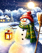 Snowman with lantern and broom cross stitch kit for beginners