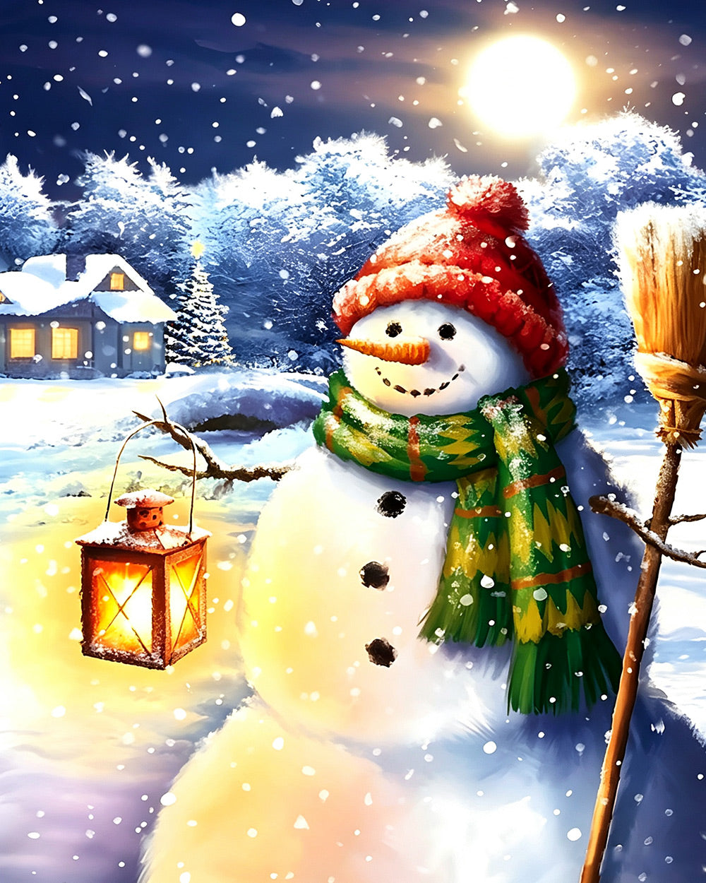 Snowman with lantern and broom cross stitch kit for beginners