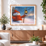 Finished snowman with lantern cross stitch artwork displayed