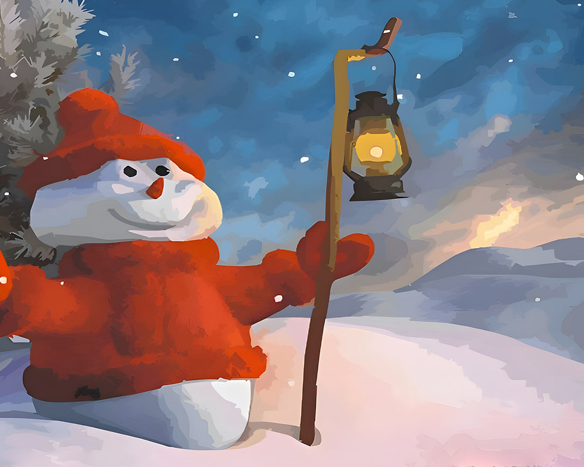 Snowman with lantern cross stitch kit for beginners