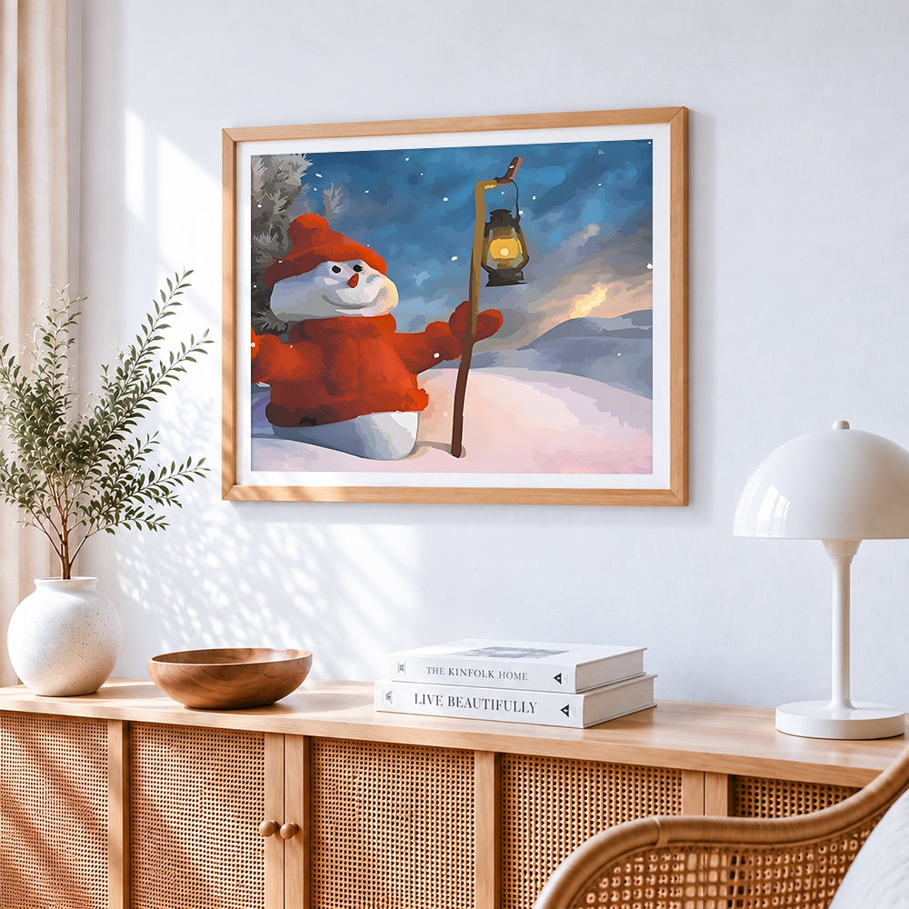 Snowman with lantern cross stitch artwork displayed on wall as home decor