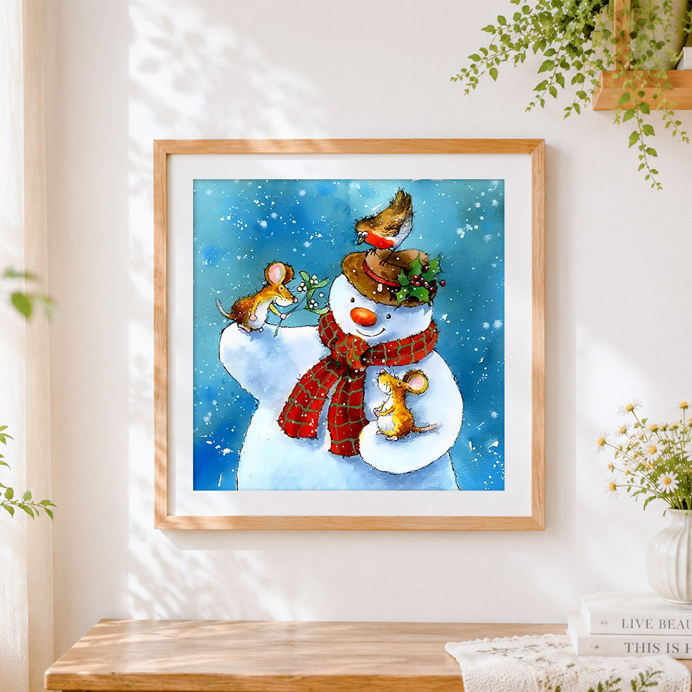 Finished snowman with mice and robin cross stitch artwork displayed