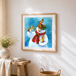 Snowman with mice and robin cross stitch artwork displayed on wall as home decor