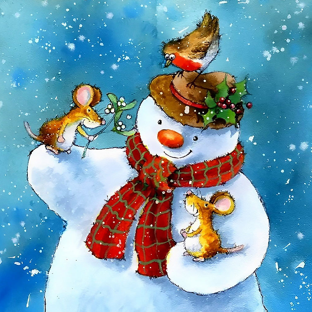 Snowman with mice and robin paint by numbers kit for beginners