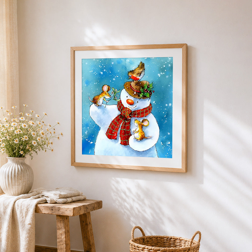 Snowman with mice and robin paint by numbers artwork displayed on wall as home decor