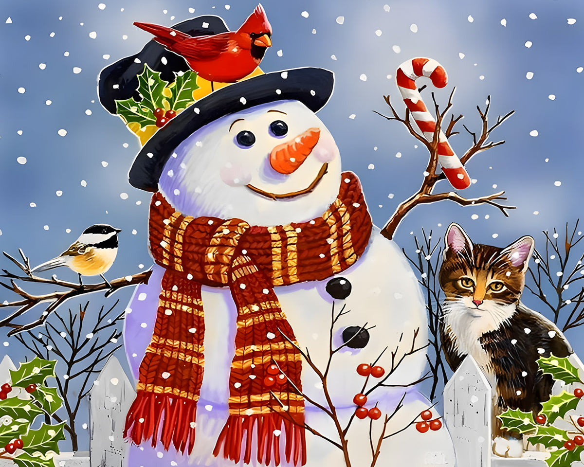 Snowman with robin and cat cross stitch kit for beginners