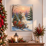 Finished snowman with sleigh and gifts pearl diamond painting artwork displayed as holiday home decor