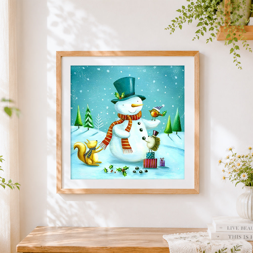 Finished snowman with squirrel and robin cross stitch artwork displayed