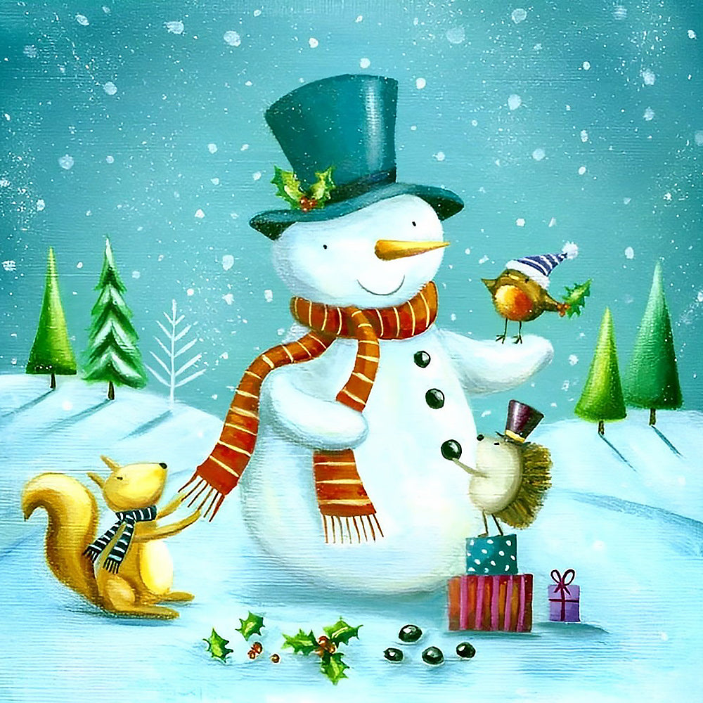 Snowman with squirrel and robin cross stitch kit for beginners