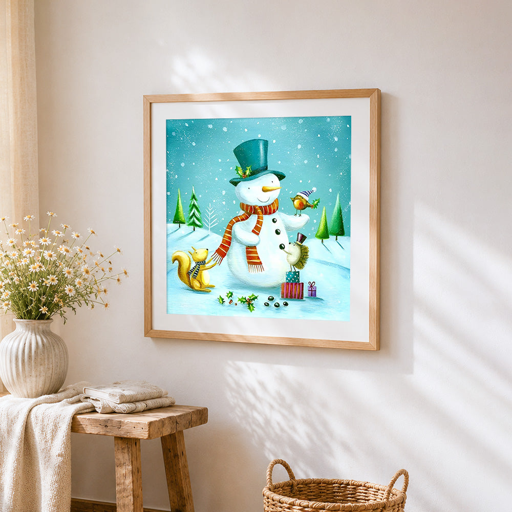 Snowman with squirrel and robin cross stitch artwork displayed on wall as home decor