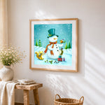 Snowman with squirrel and robin cross stitch artwork displayed on wall as home decor