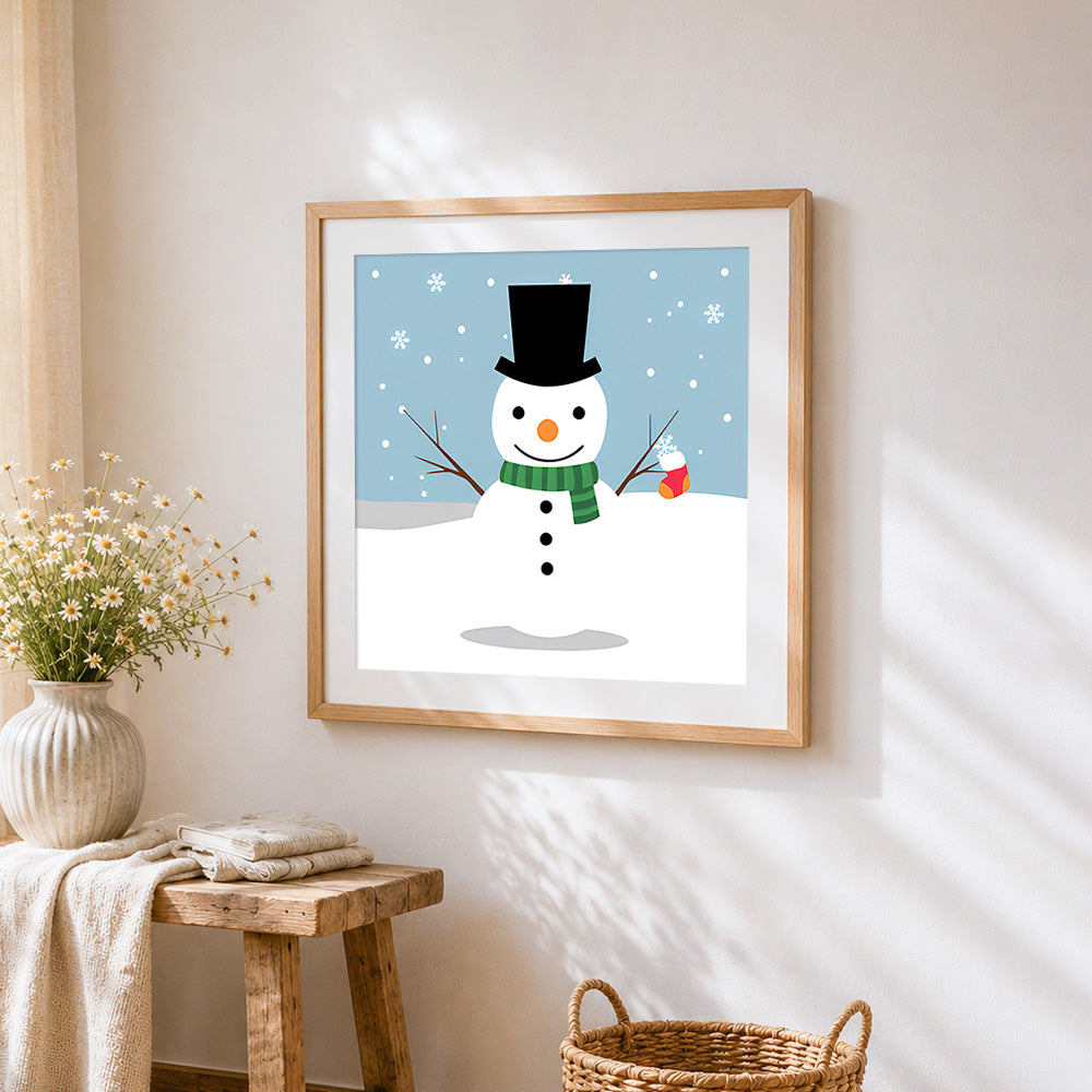 Snowman with top hat and green scarf cross stitch artwork displayed on wall as home decor