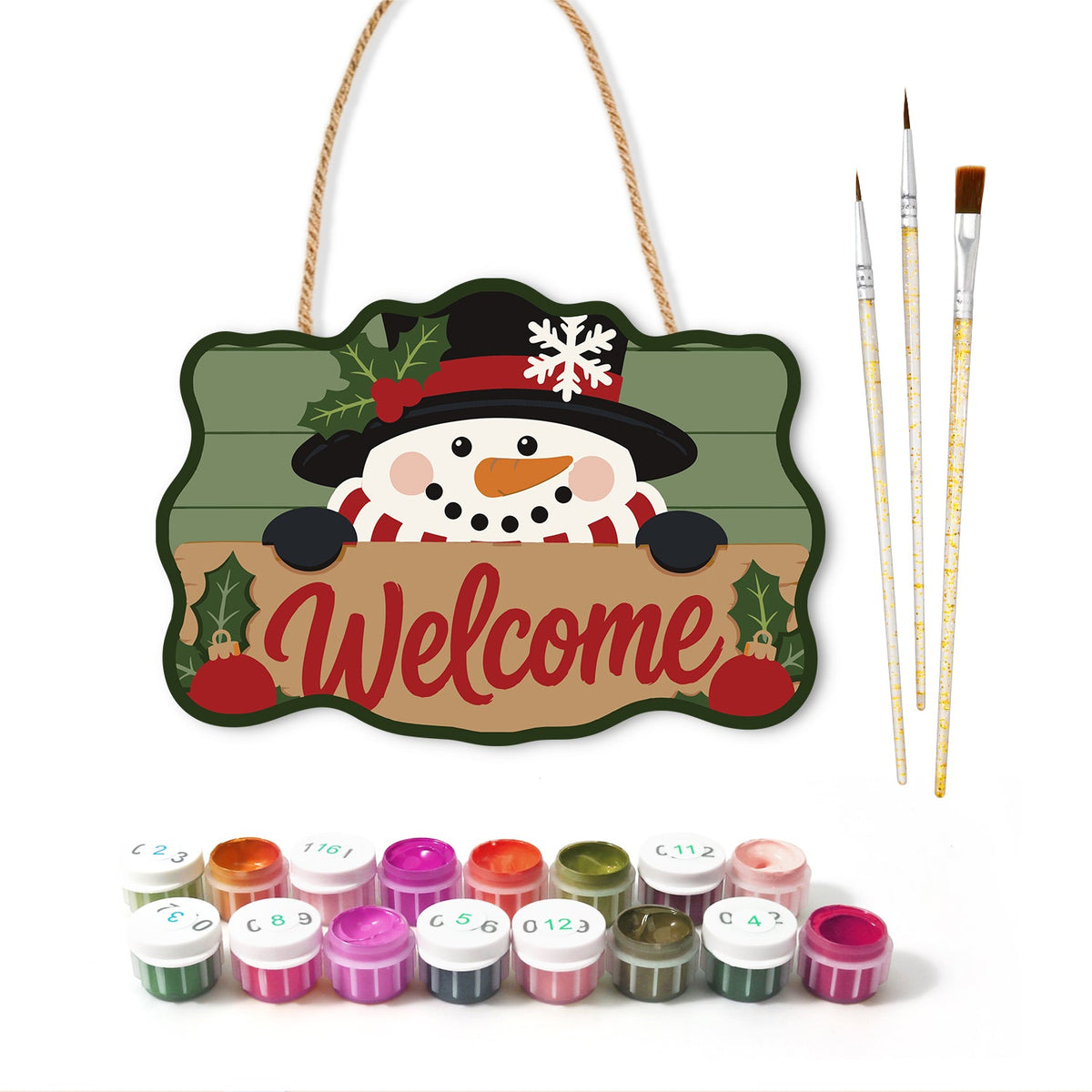 Snowman with top hat paint by numbers door hanger with paints and brushes
