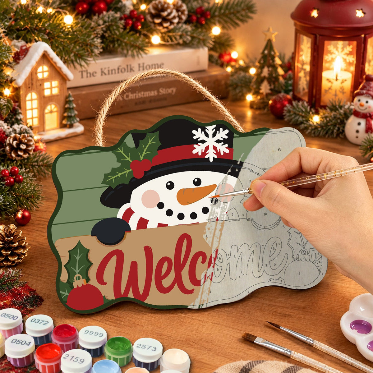 Snowman with top hat paint by numbers door hanger painting process