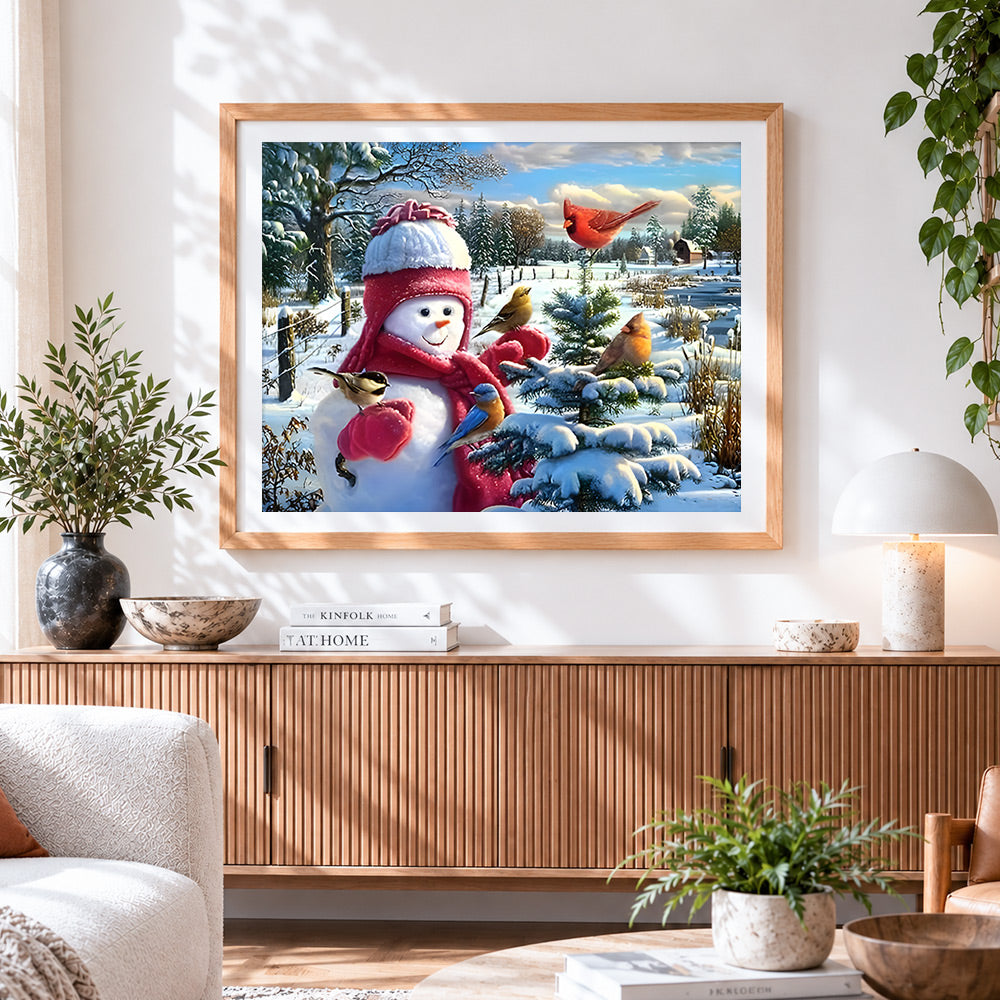 Finished snowman with winter birds cross stitch artwork displayed