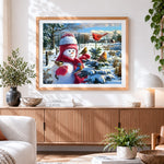 Finished snowman with winter birds cross stitch artwork displayed