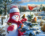 Snowman with winter birds cross stitch kit for beginners