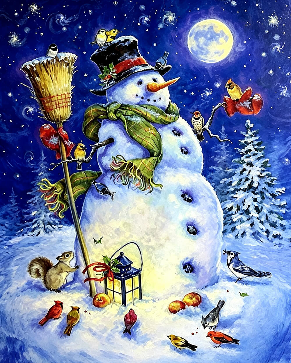 Snowman with woodland animals and lantern cross stitch kit for beginners