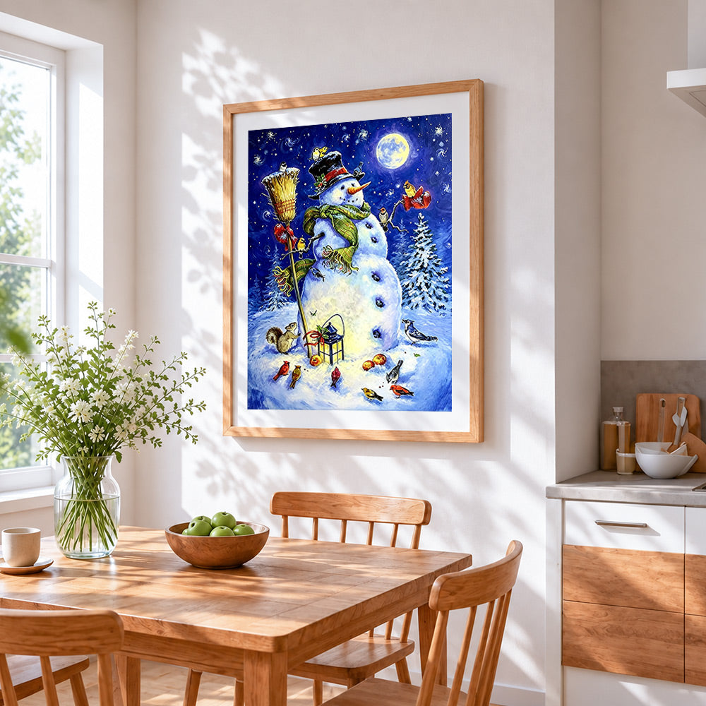 Snowman with woodland animals and lantern cross stitch artwork displayed on wall as home decor