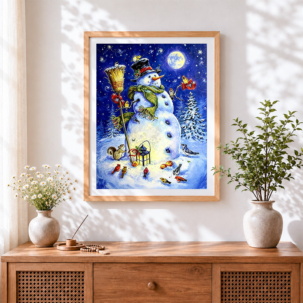 Finished snowman with woodland animals and lantern paint by numbers artwork displayed as home decor