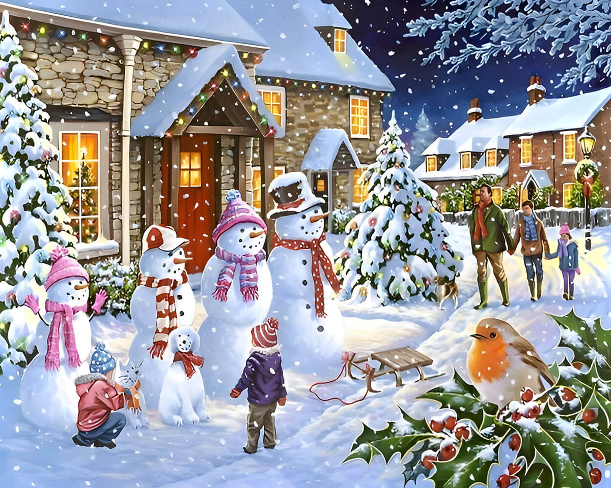 Snowmen and families in a festive village cross stitch kit for beginners