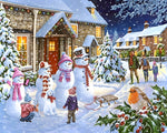 Snowmen and families in a festive village cross stitch kit for beginners