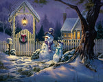 Snowmen by a fence at night cross stitch kit for beginners