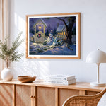 Snowmen by a fence at night cross stitch artwork displayed on wall as home decor
